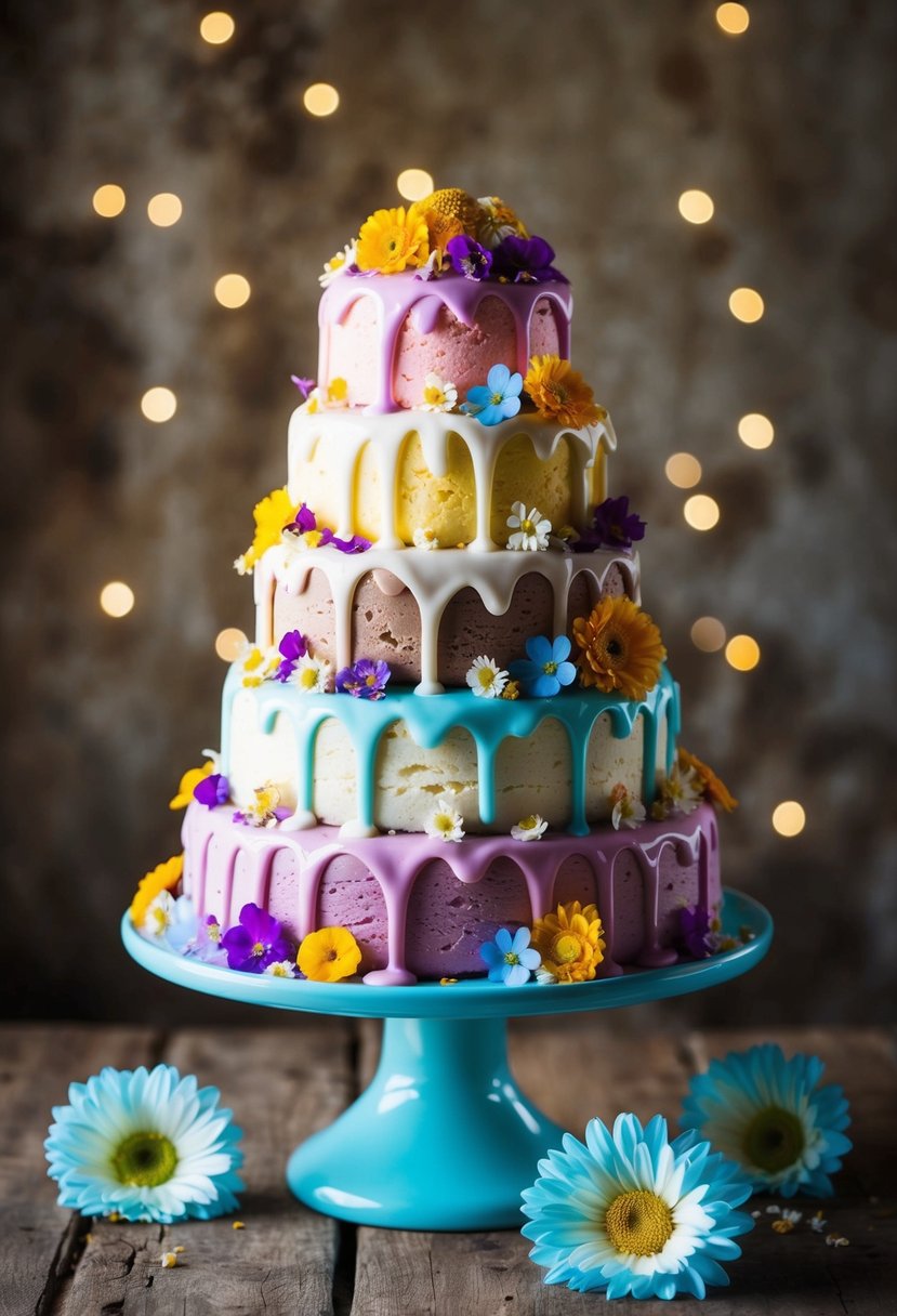 A colorful ice cream cake tower with cascading toppings and edible flowers, set against a rustic backdrop