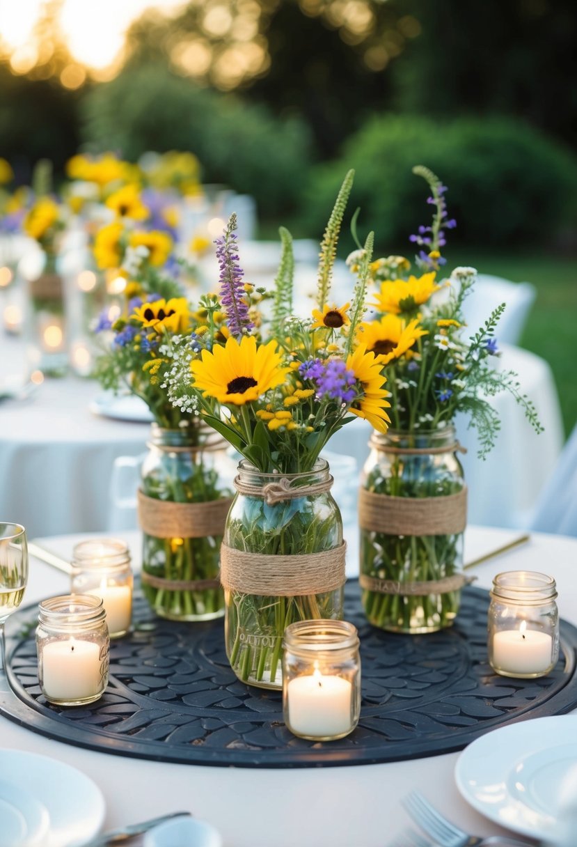 Mason jars filled with wildflowers and candles adorn outdoor tables at a budget-friendly wedding