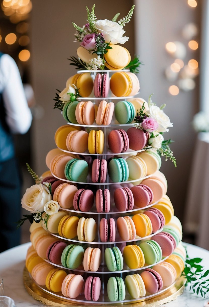 A towering display of colorful macarons arranged in a spiral formation, adorned with delicate flowers and greenery, serving as an alternative wedding cake