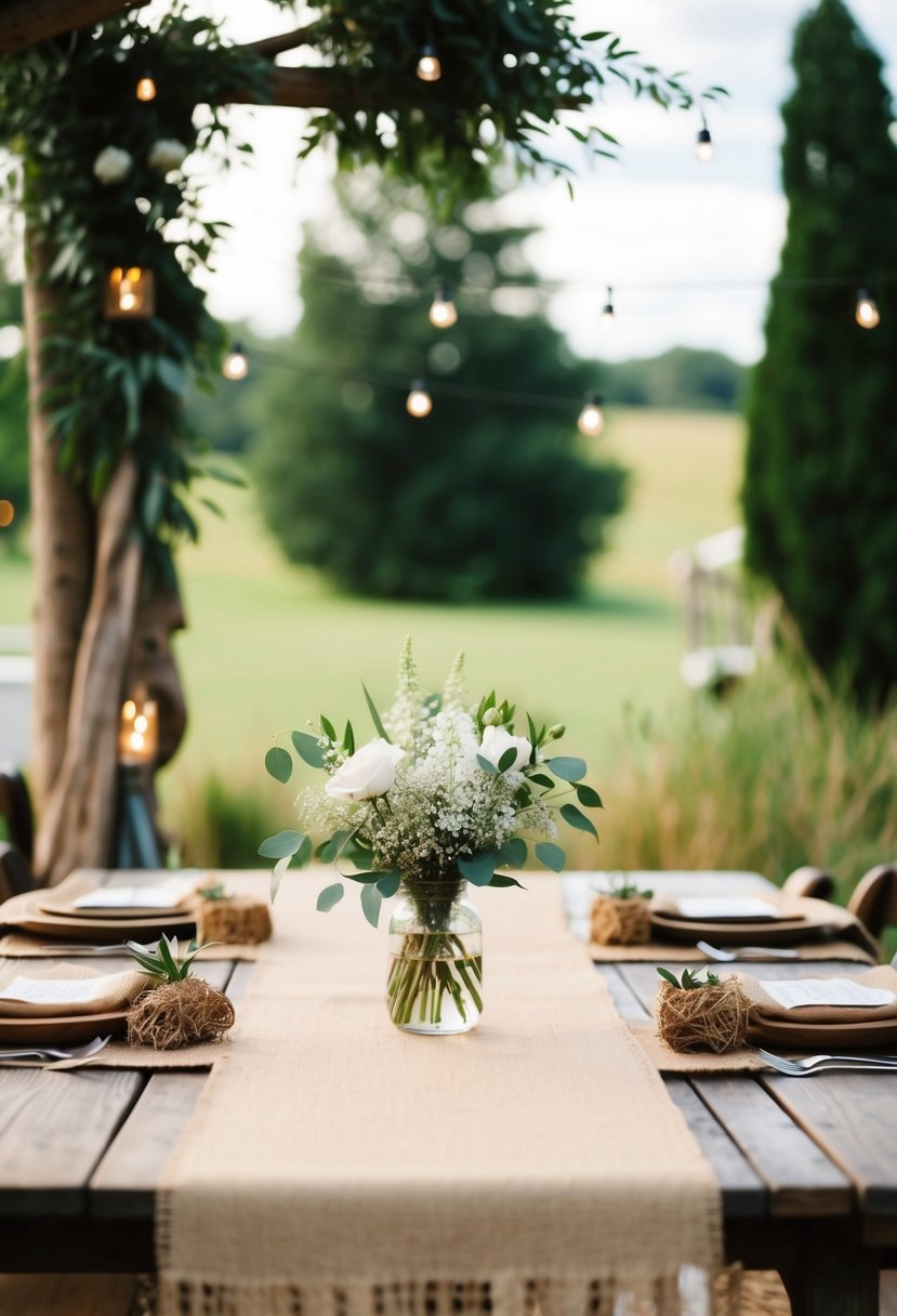 A rustic outdoor wedding scene with burlap table runners and natural decor