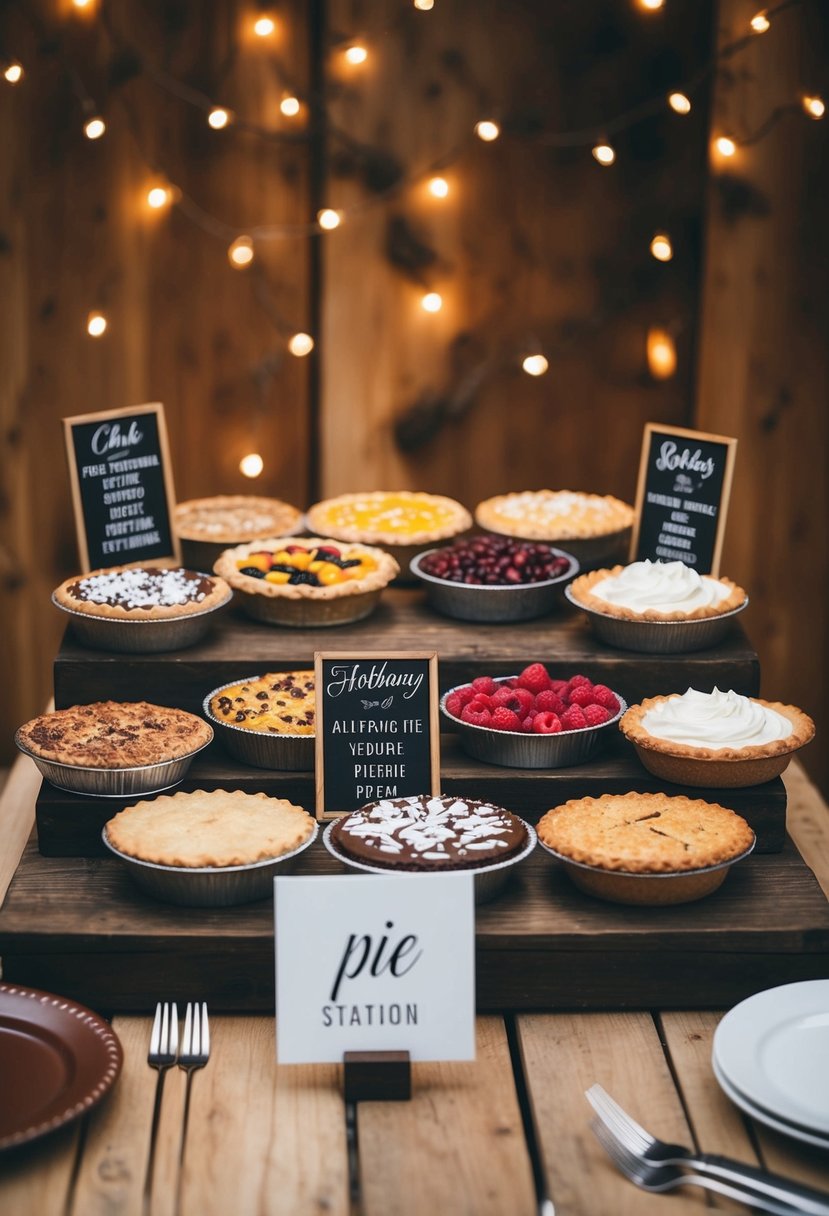 A rustic pie station displays an array of flavors, offering alternative wedding cake ideas