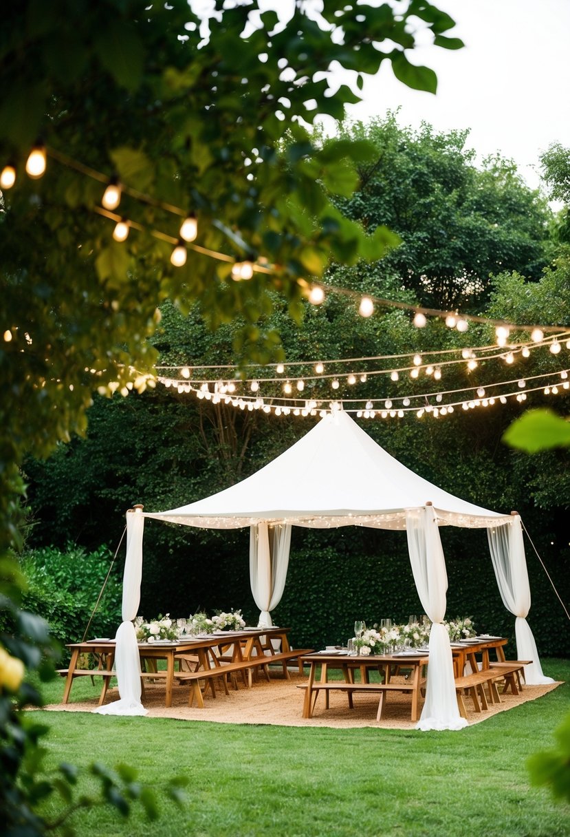 A charming outdoor wedding set up with picnic-style seating under a canopy of string lights and surrounded by lush greenery