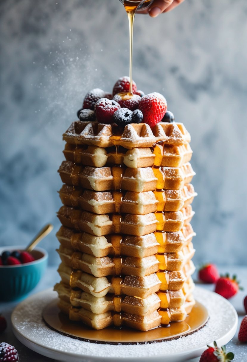 A towering waffle cake, layers of fluffy waffles stacked with syrup drizzled over the top, adorned with fresh berries and powdered sugar