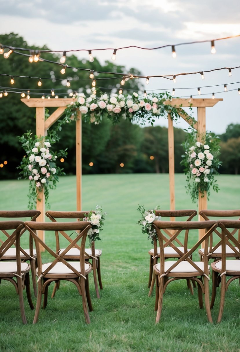 An outdoor wedding setting with string lights, floral arch, and rustic wooden chairs arranged on a grassy lawn