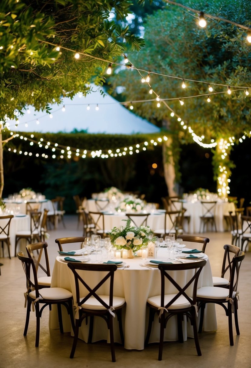 A cozy wedding venue with elegant tables set for a reception, surrounded by lush greenery and twinkling lights