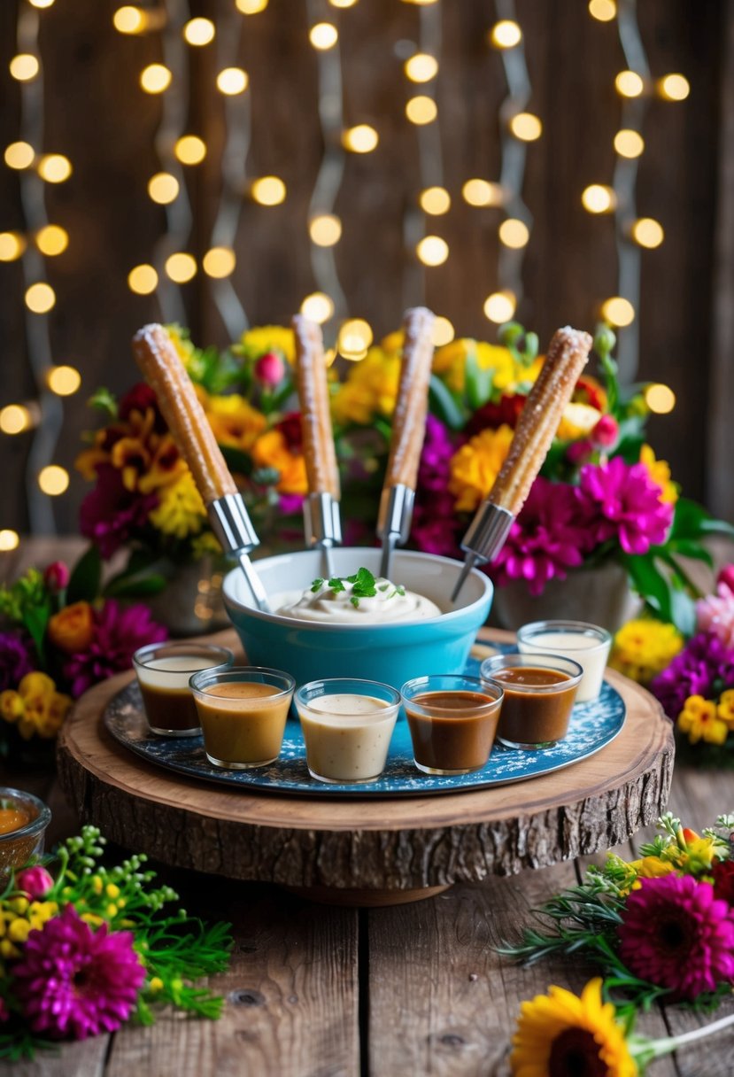 A churro bar with various dipping sauces displayed on a rustic wooden table, surrounded by twinkling lights and colorful floral arrangements