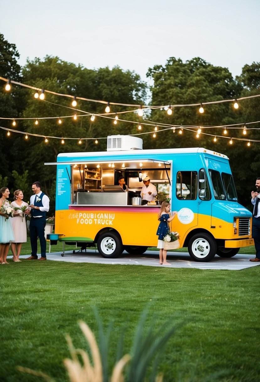 A colorful food truck parked in a grassy outdoor wedding venue, surrounded by string lights and happy guests enjoying the affordable and delicious catering options