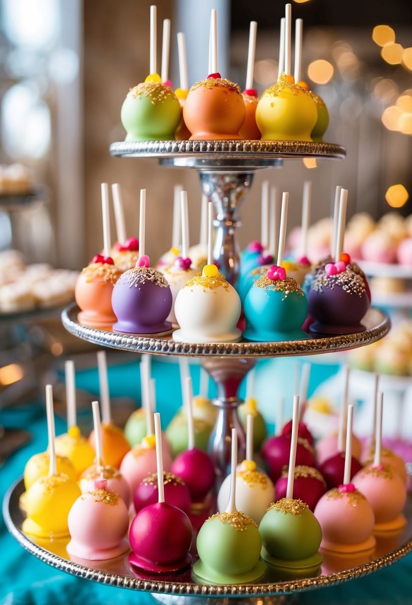 Assorted colorful cake pops displayed on tiered stands