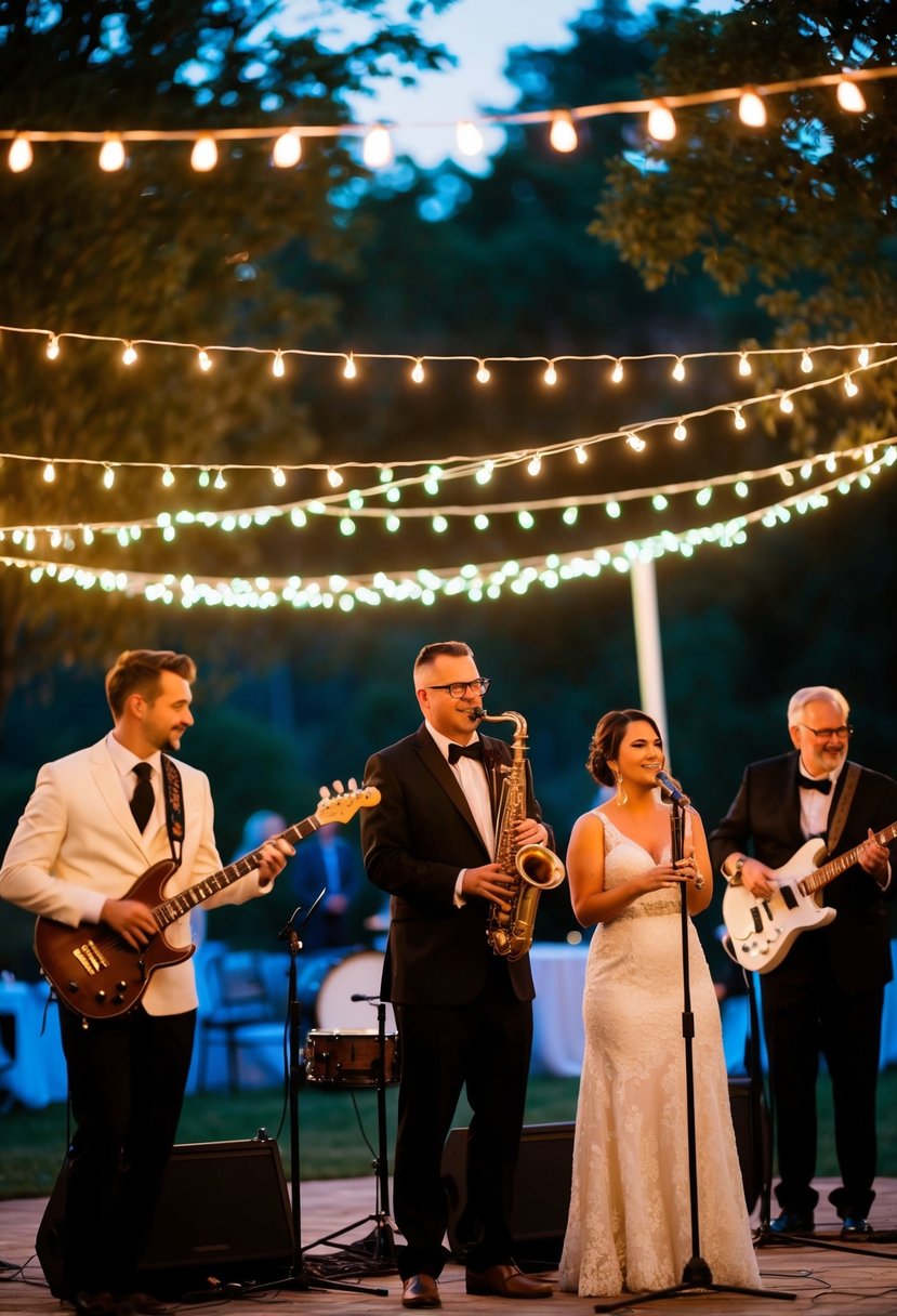 A local band performing under twinkling lights at an outdoor wedding reception