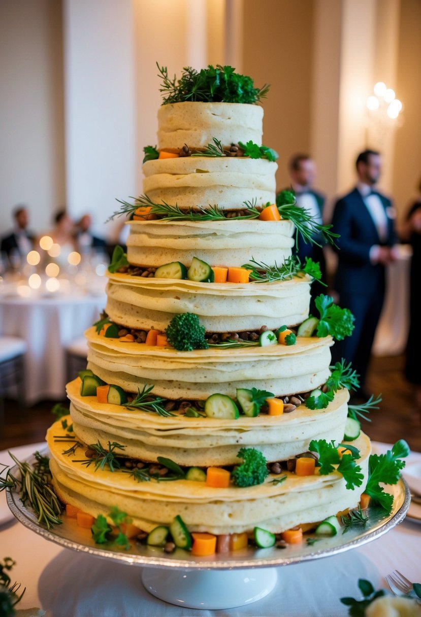 A tiered savory crepe cake adorned with fresh herbs and vegetables, served at an elegant wedding reception