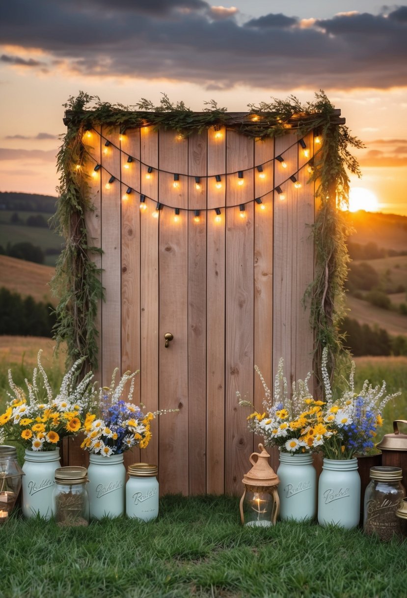 A rustic wooden backdrop adorned with fairy lights, surrounded by wildflower-filled mason jars and vintage props, set against a backdrop of rolling hills and a sunset