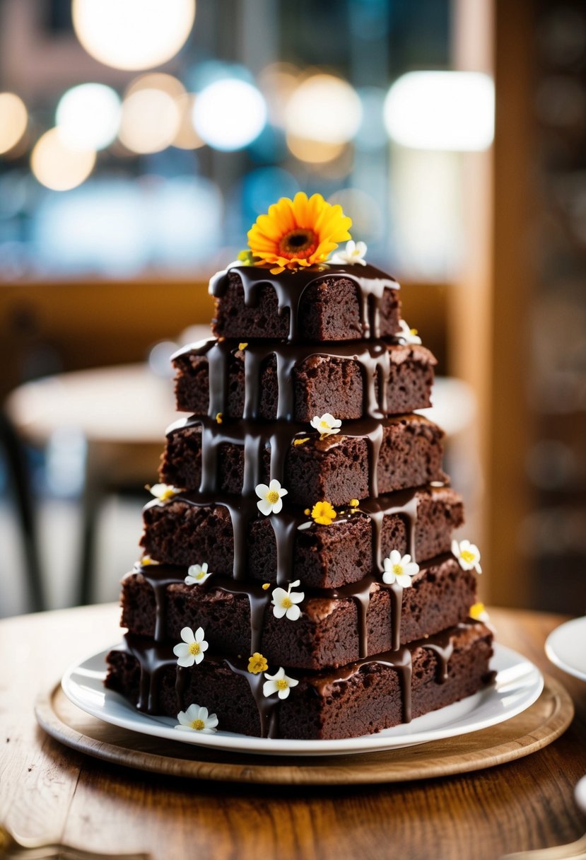 A tiered stack of brownies, with each layer topped with decadent chocolate drizzle and edible flowers, serves as an alternative wedding cake