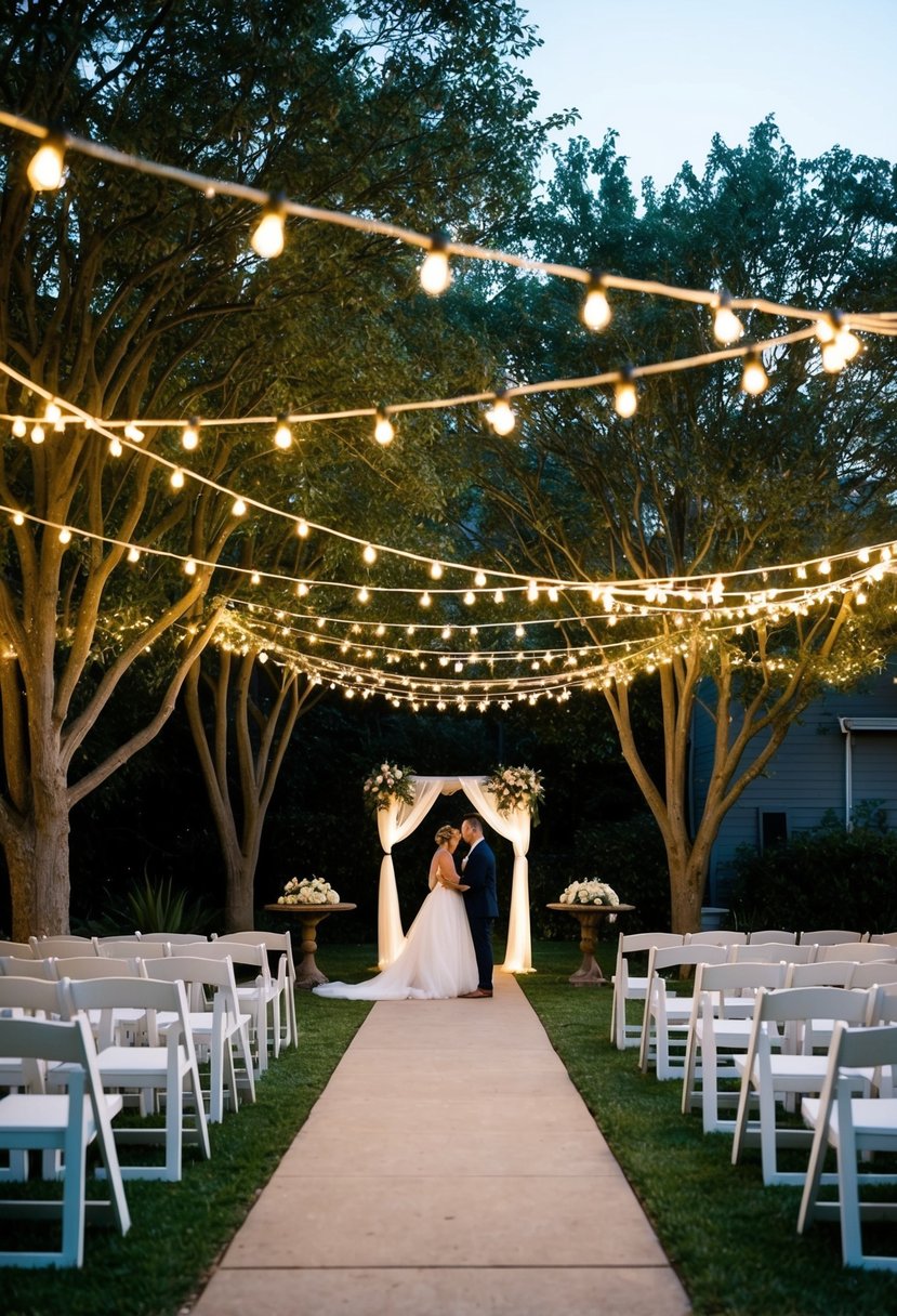 A backyard wedding with fairy lights strung between trees, creating a warm and inviting atmosphere for an affordable outdoor celebration