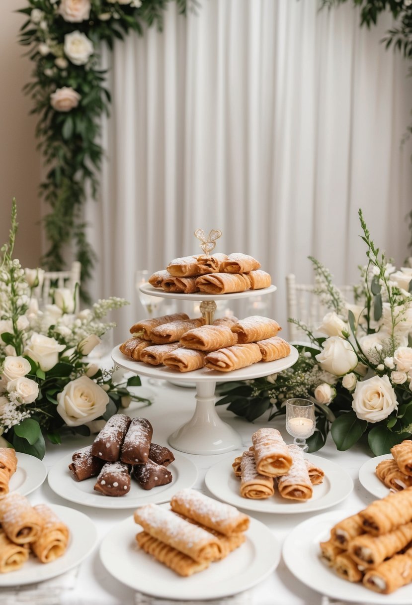 A table adorned with various cannoli arrangements, surrounded by elegant wedding decor and floral accents