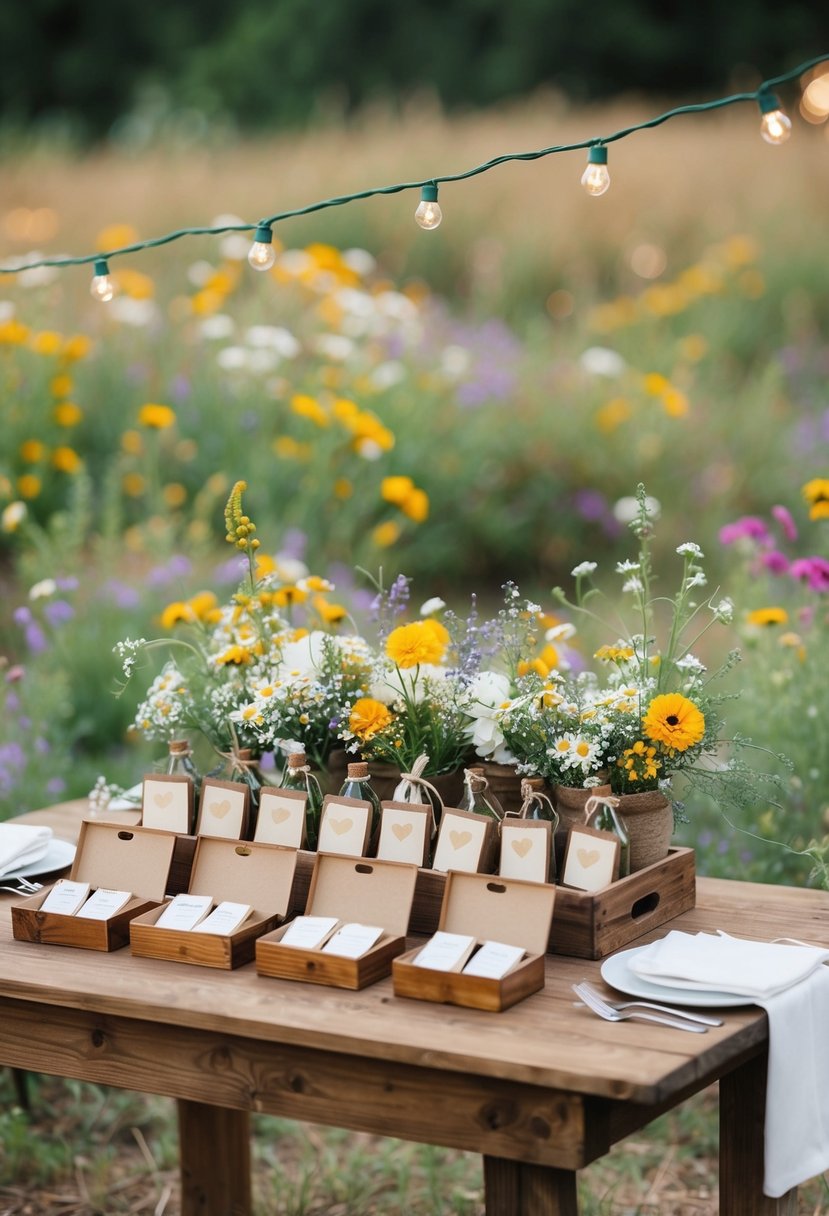 A rustic outdoor wedding setting with homemade favors displayed on a wooden table, surrounded by wildflowers and twinkling string lights