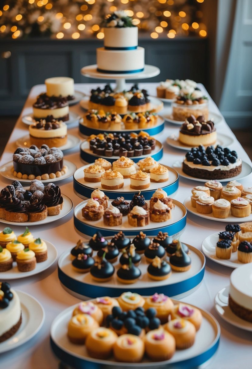 A table filled with various pastries and desserts arranged in an elegant and appetizing display, offering alternative wedding cake ideas