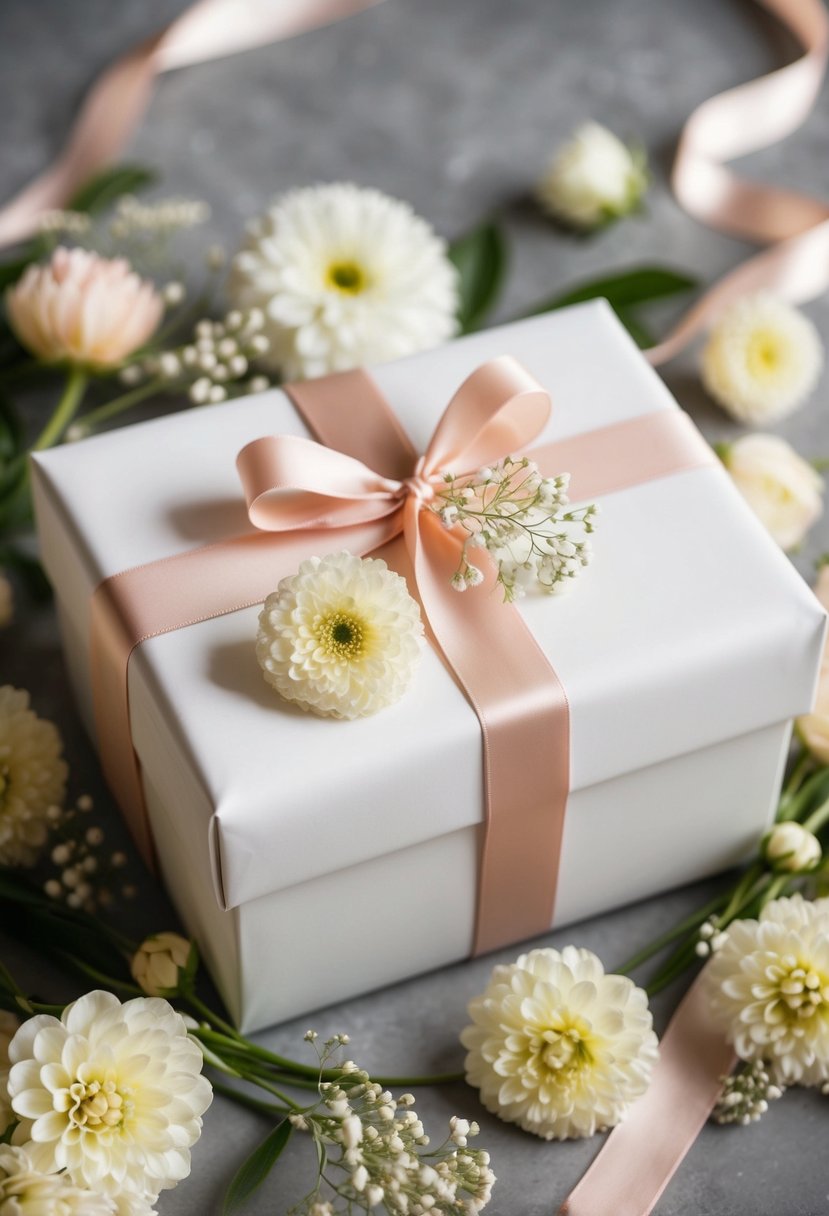 A beautifully wrapped gift box surrounded by delicate flowers and elegant ribbon