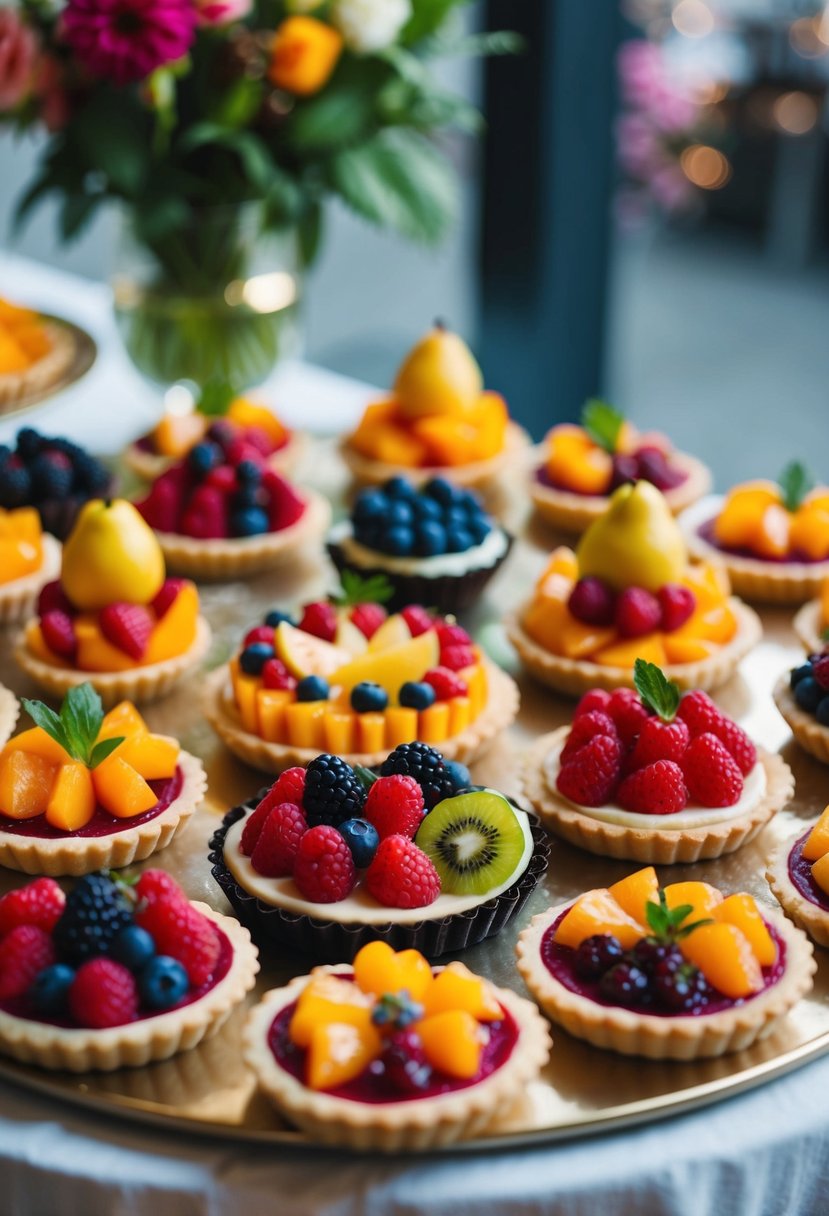 A table displaying an assortment of colorful fruit tarts arranged in an elegant and artistic manner, with a focus on the vibrant and fresh ingredients