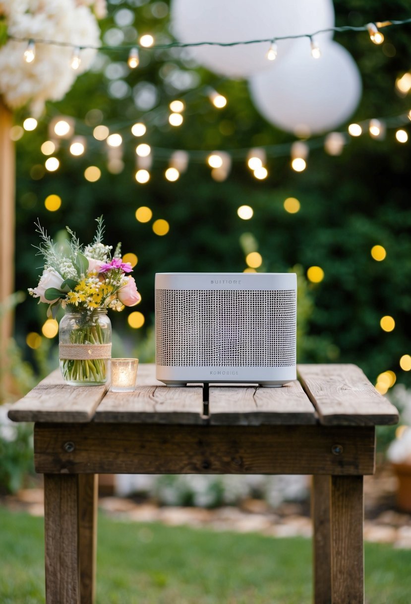 A Bluetooth speaker placed on a rustic wooden table in a garden with fairy lights and floral decorations for an affordable outdoor wedding