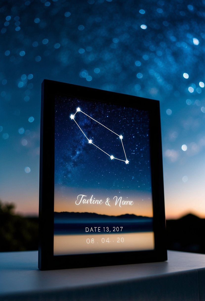 A starry night sky with a prominent constellation, personalized with the date of a wedding, framed and presented as a gift