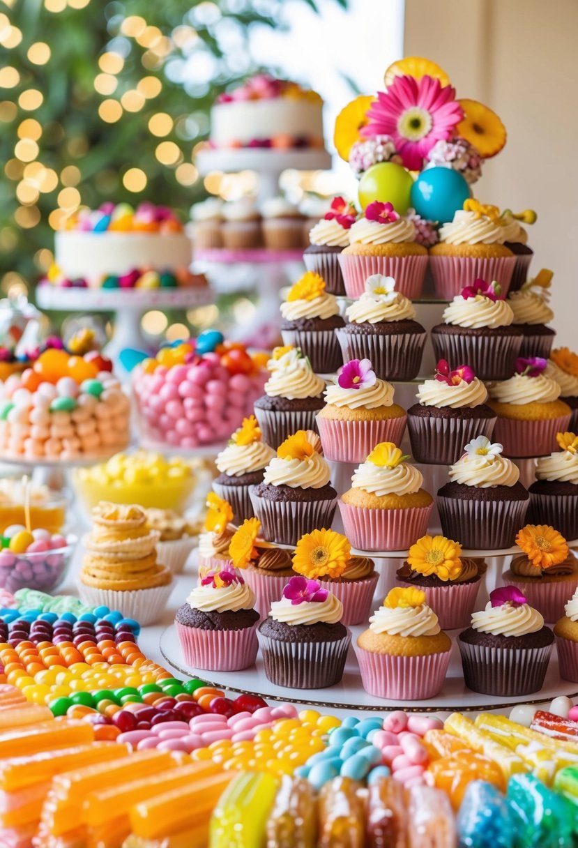 A colorful array of assorted candies and sweets arranged on a table, with a tiered cake made of cupcakes and decorated with edible flowers and fruits