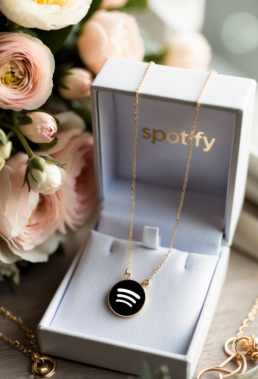 A delicate necklace with an engraved Spotify code dangles from a jewelry box, surrounded by soft lighting and a bouquet of flowers