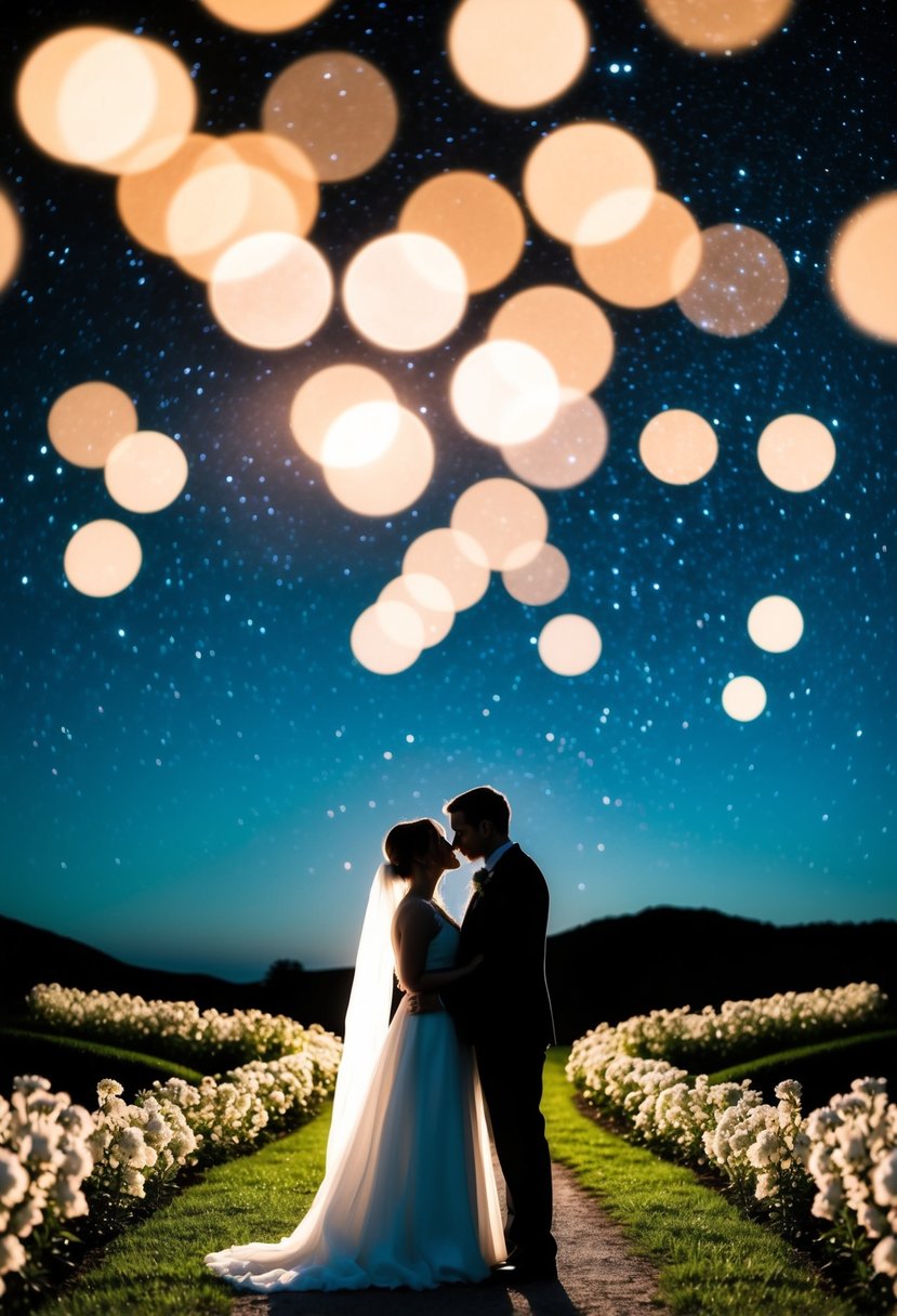 A couple's silhouette under a starry night sky, surrounded by blooming flowers and a winding path