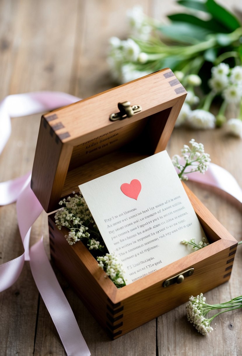 A wooden keepsake box with a love letter inside, surrounded by delicate flowers and tied with a satin ribbon