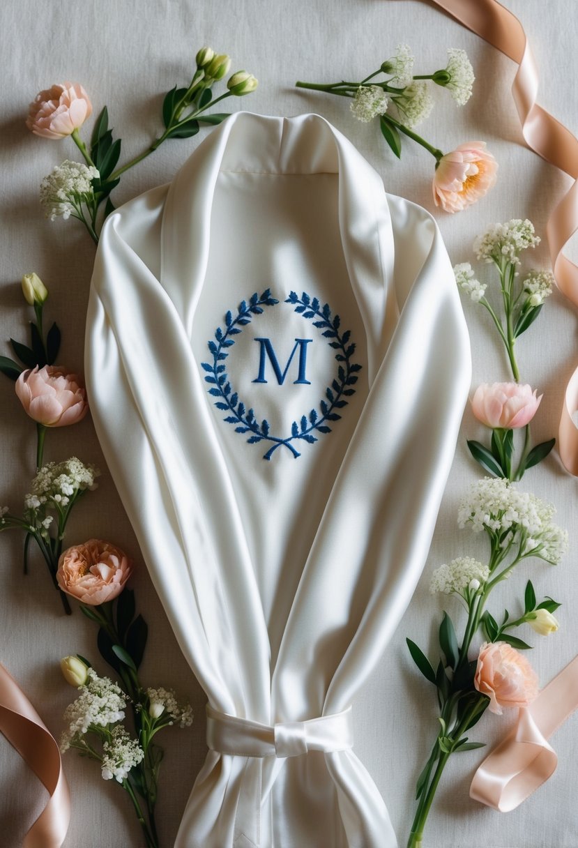 A silk robe with embroidered initials, surrounded by delicate flowers and ribbons