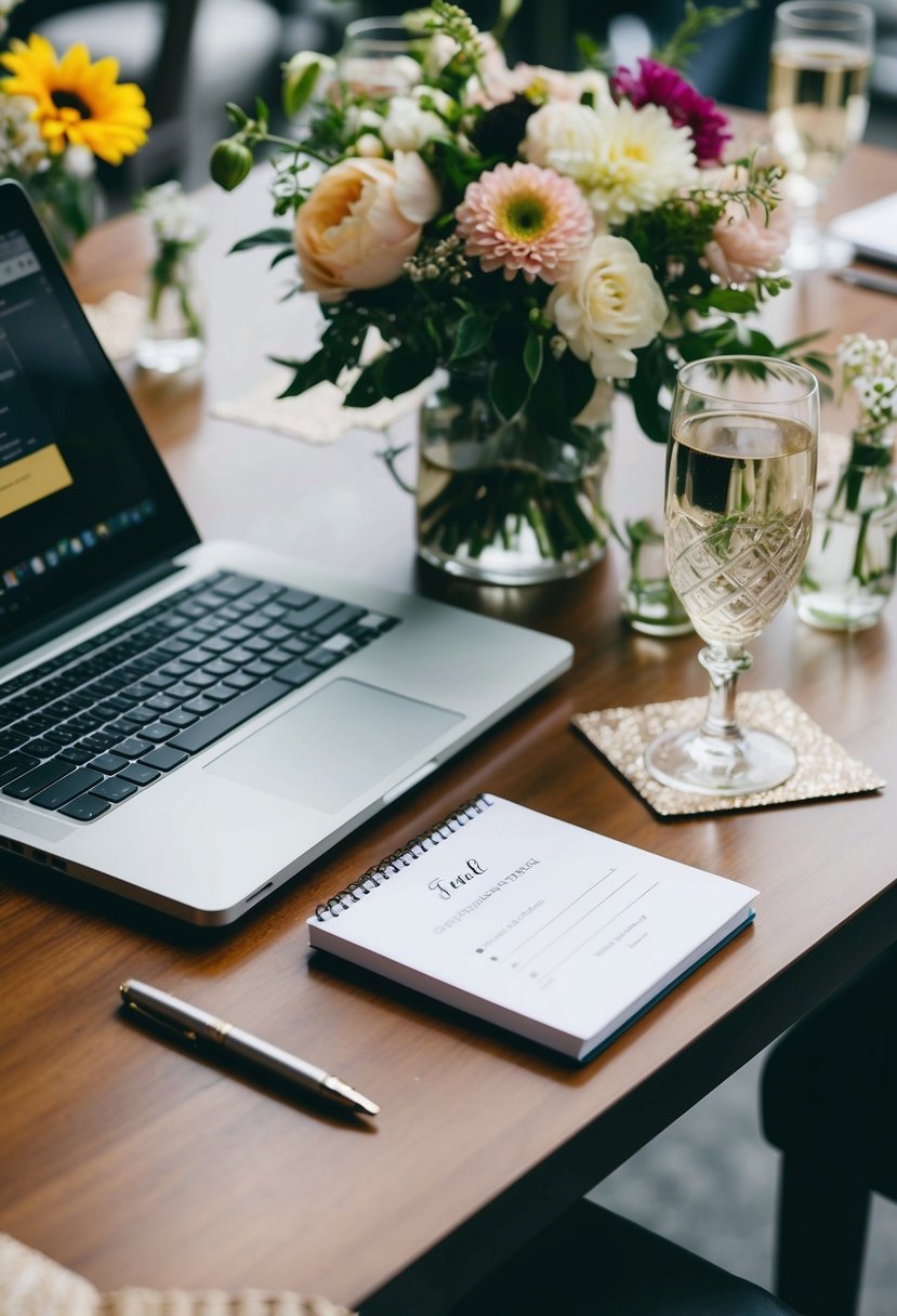 A table with a laptop, flowers, and wedding decor. A pen and notepad with email address ideas