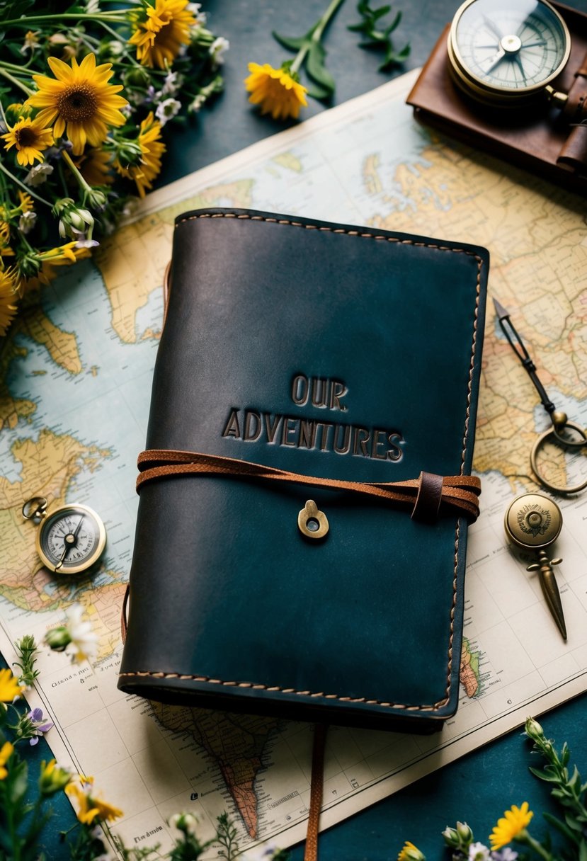 A leather travel journal with "Our Adventures" embossed on the cover, surrounded by a vintage map, compass, and a bouquet of wildflowers