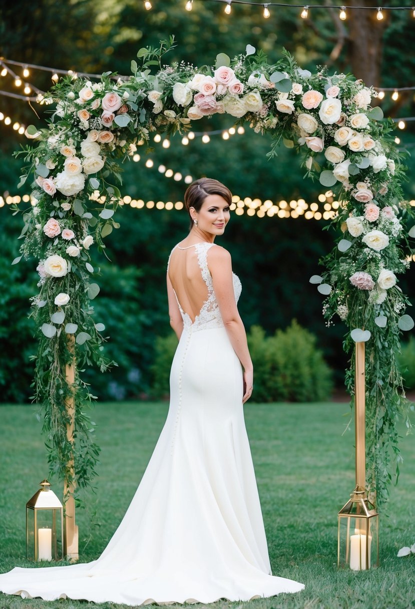 A bride with short hair stands under a floral arch at an outdoor wedding, surrounded by greenery and twinkling lights