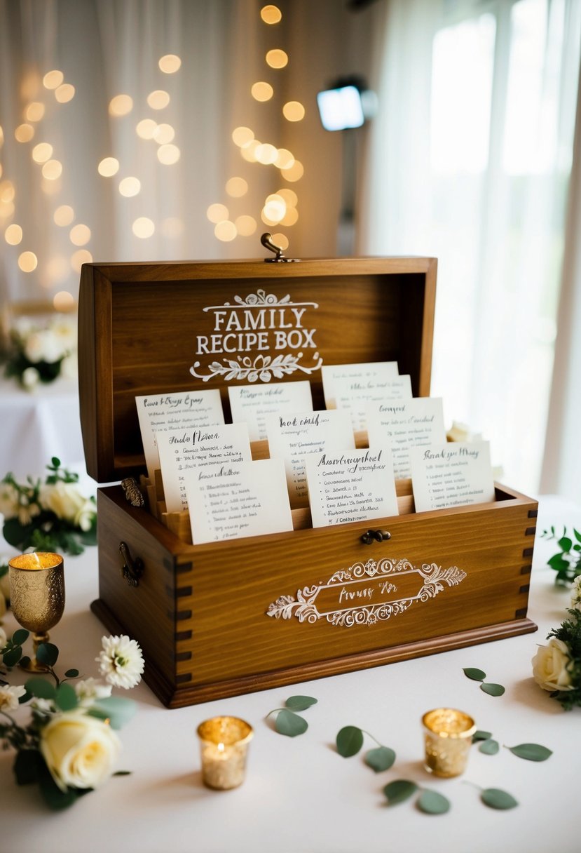 A wooden recipe box adorned with family recipes, surrounded by wedding-themed decor and personalized touches