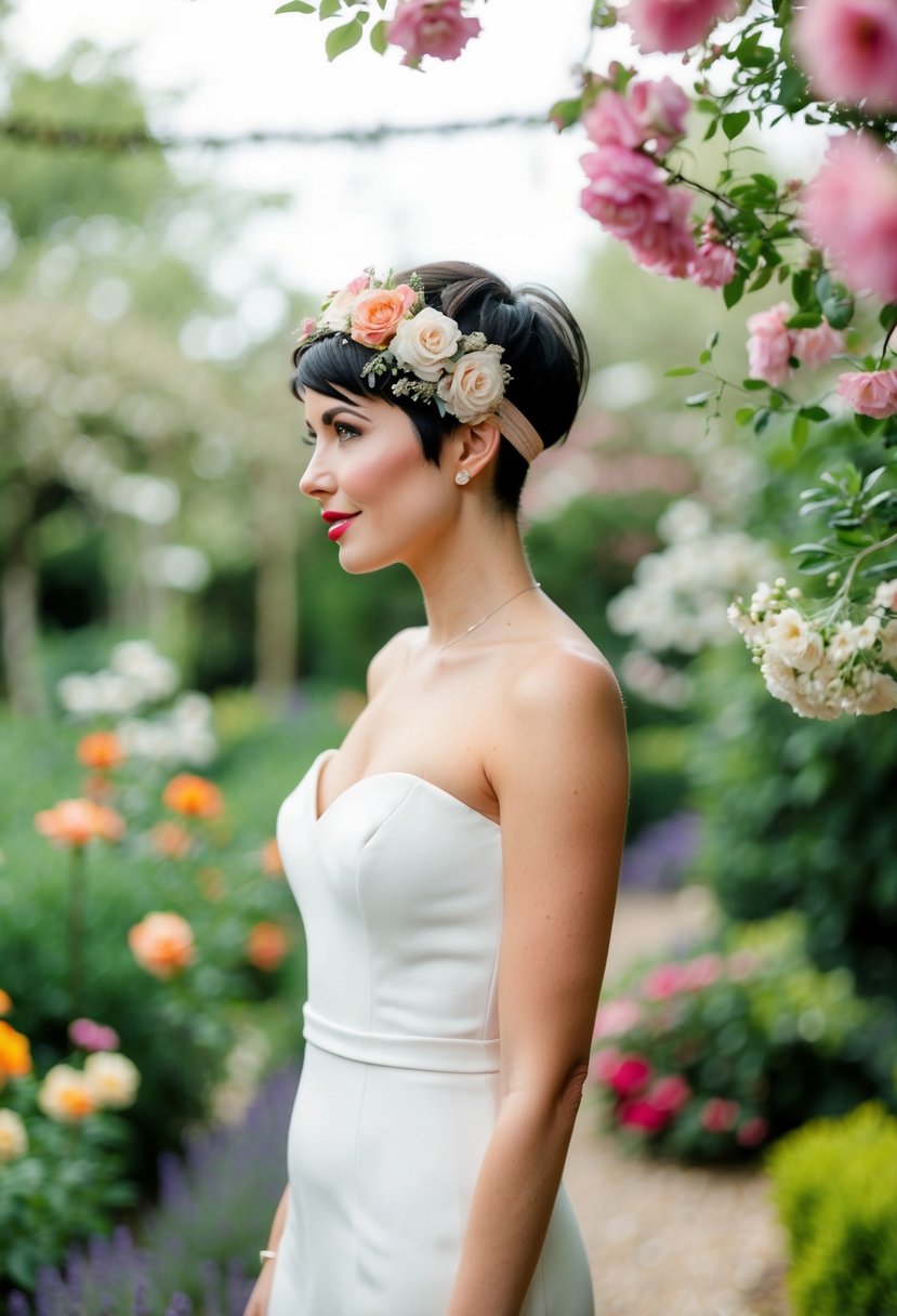 A chic pixie with a floral headband stands in a garden, surrounded by blooming flowers and greenery, envisioning short hair wedding ideas