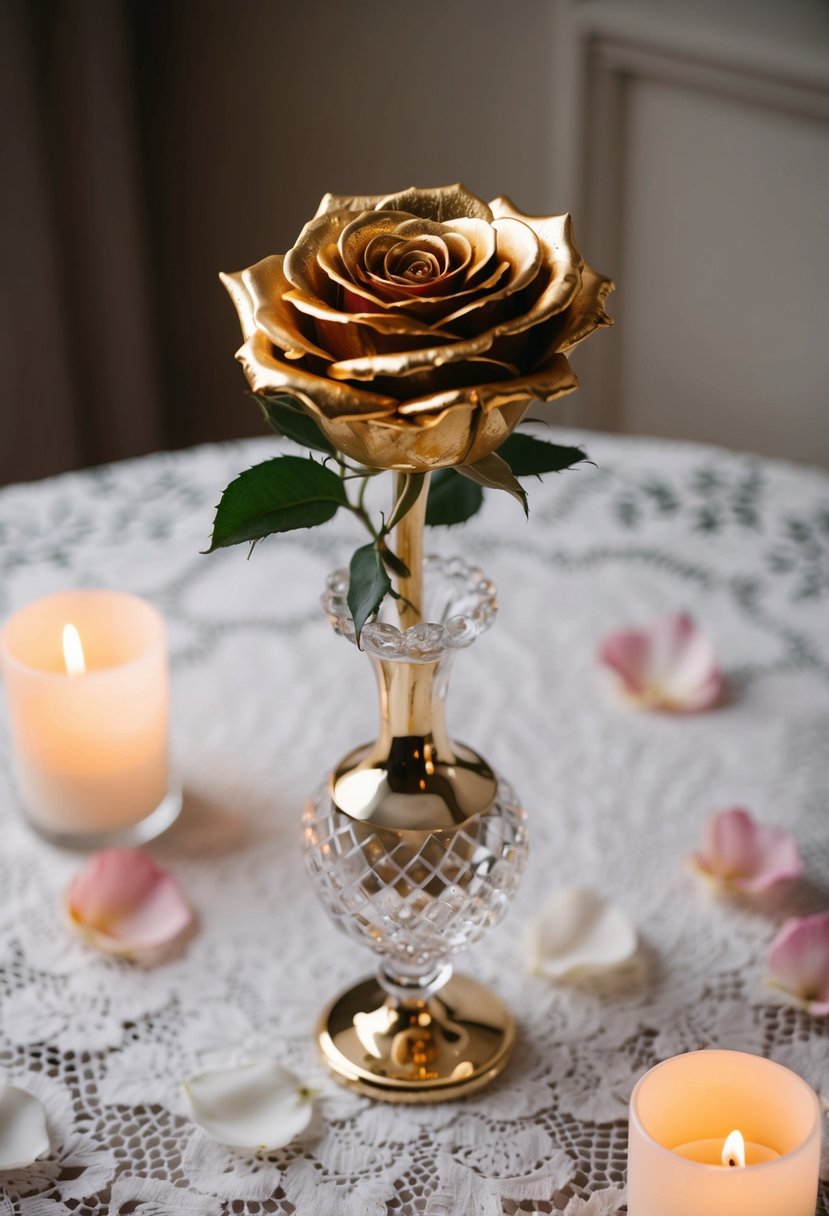 A gold-dipped rose sits in a crystal vase on a lace-covered table, surrounded by soft candlelight and delicate rose petals