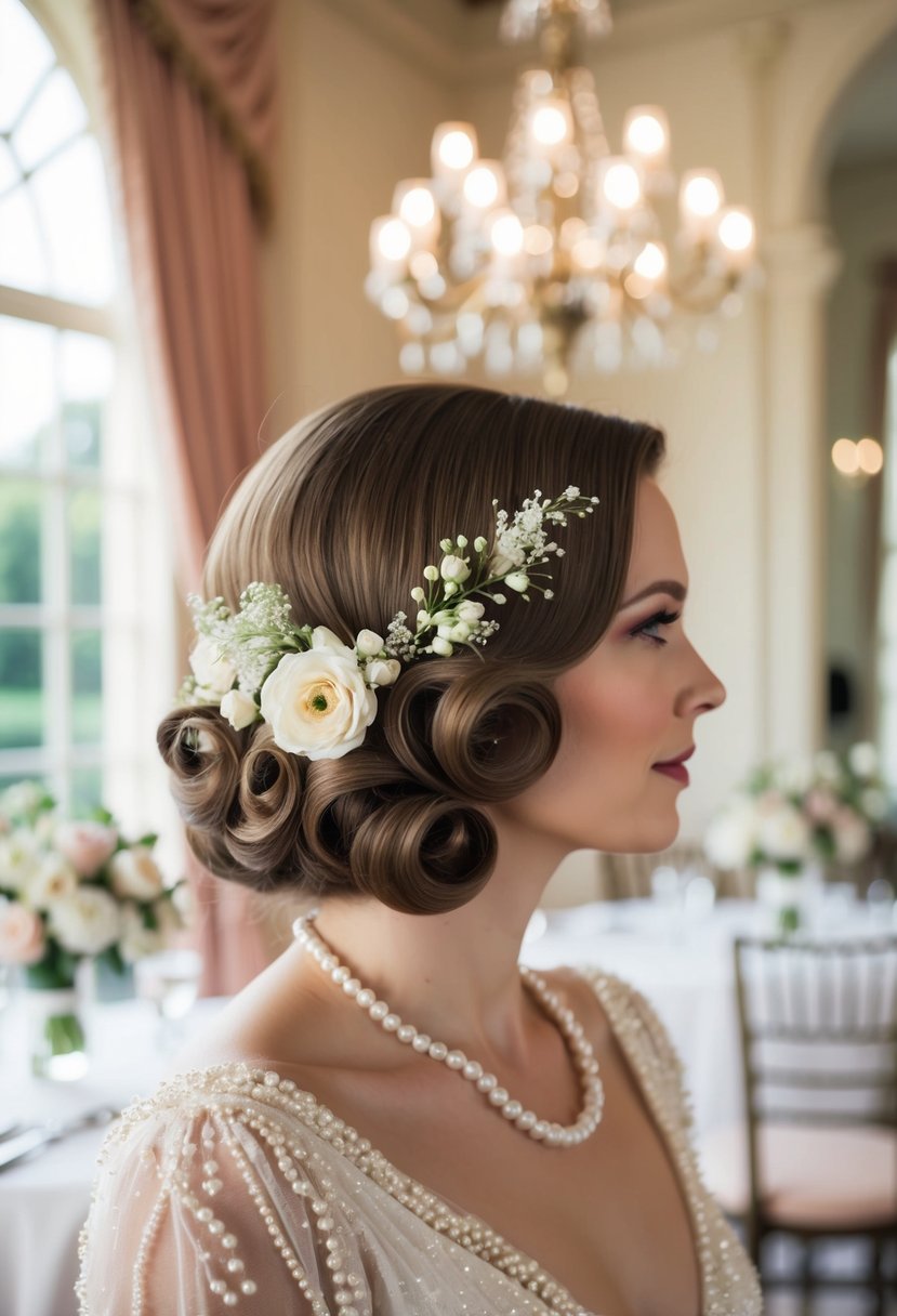 An elegant bob with vintage curls adorned with delicate flowers and pearls, set against a romantic backdrop of a vintage wedding venue