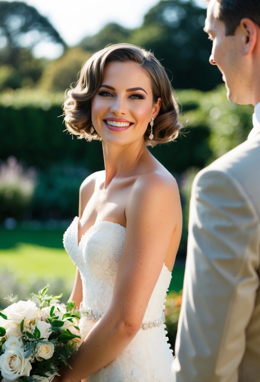 A bride with short, glamorous finger waves stands in a garden, her hair catching the sunlight as she smiles at her partner