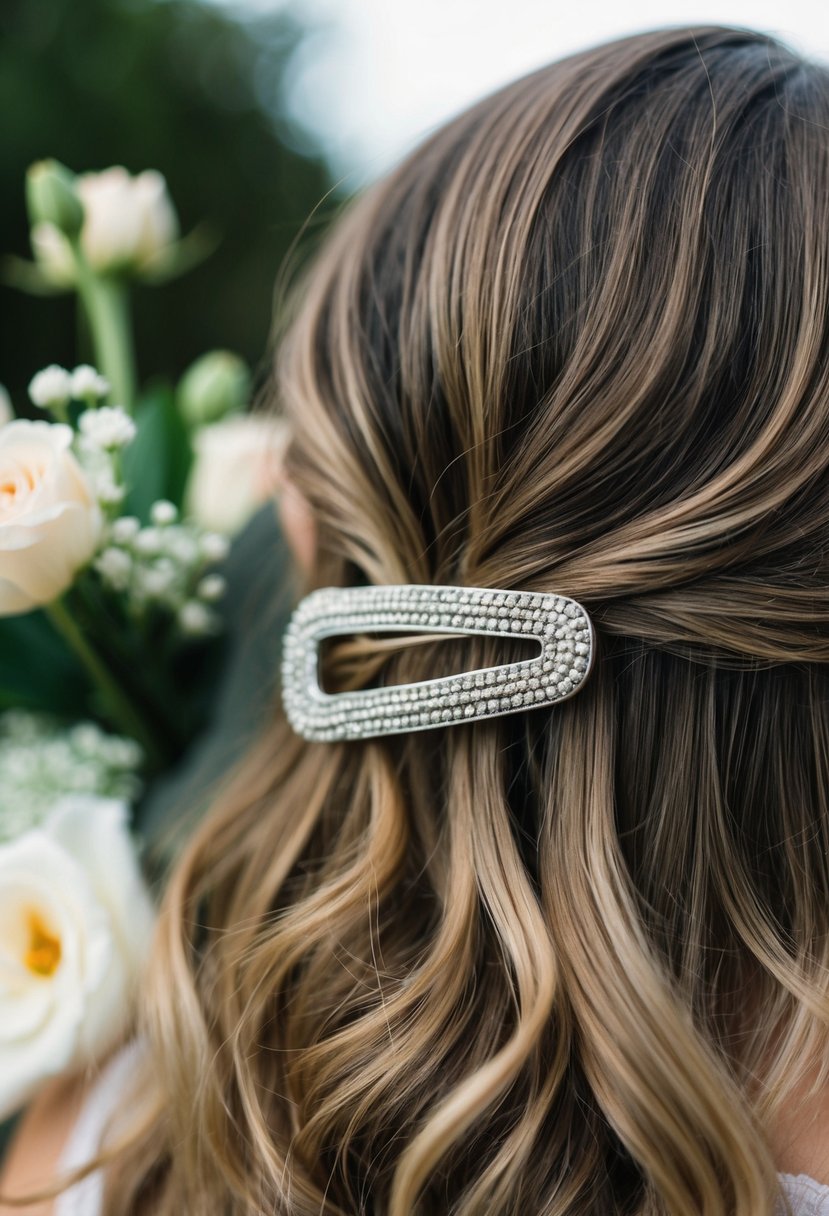 A close-up of a textured hairpin nestled in short, wavy hair, with a soft, romantic wedding ambiance