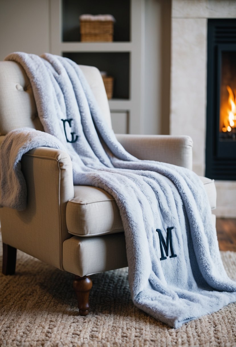 A plush throw blanket with monogrammed initials draped over a cozy armchair next to a crackling fireplace