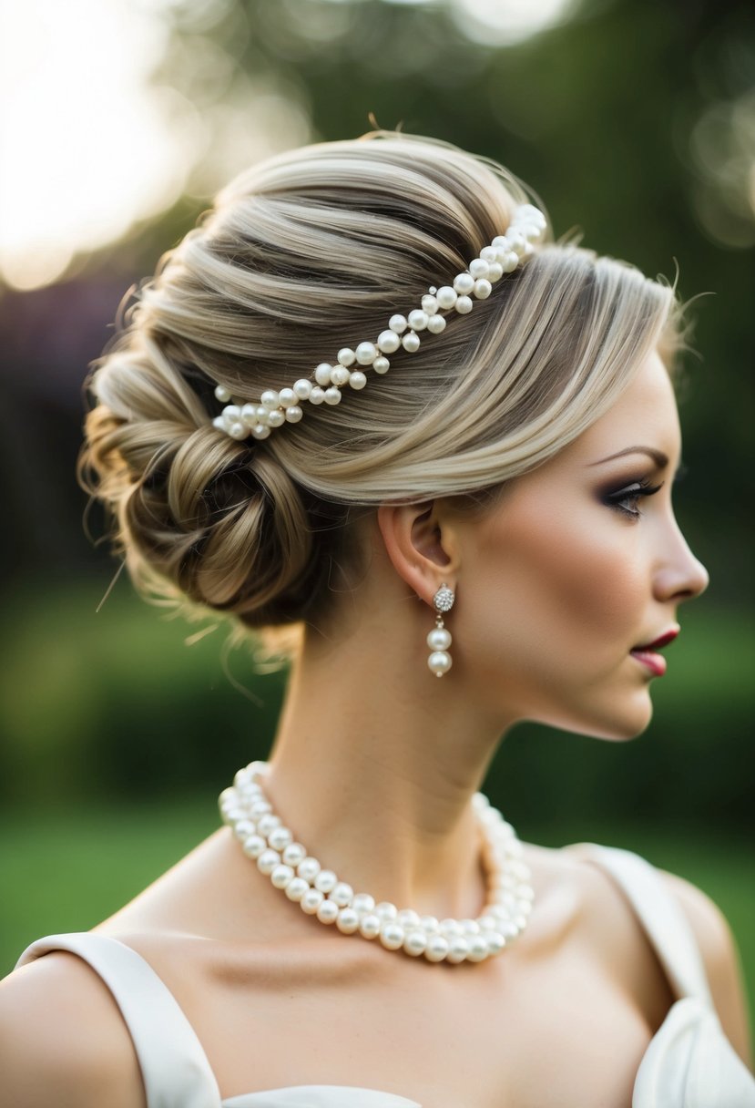 A short-haired figure with a sophisticated updo adorned with pearl accents, possibly in a wedding setting