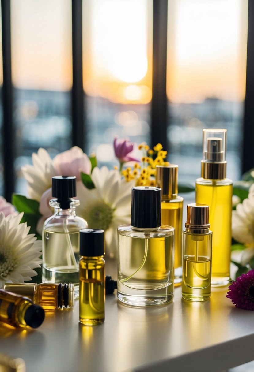 A table with various perfume bottles, flowers, and essential oils arranged for a custom fragrance experience