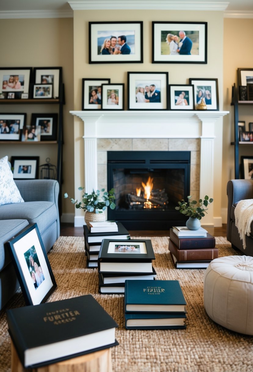 A cozy living room with a fireplace, filled with photo albums and framed pictures capturing cherished moments together