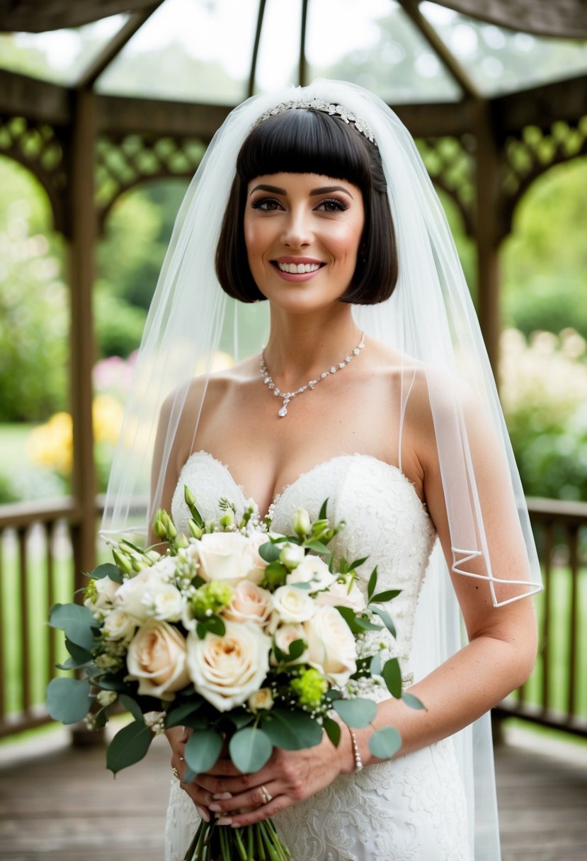 A bride with classic bob and veil, holding a bouquet, stands in a garden gazebo