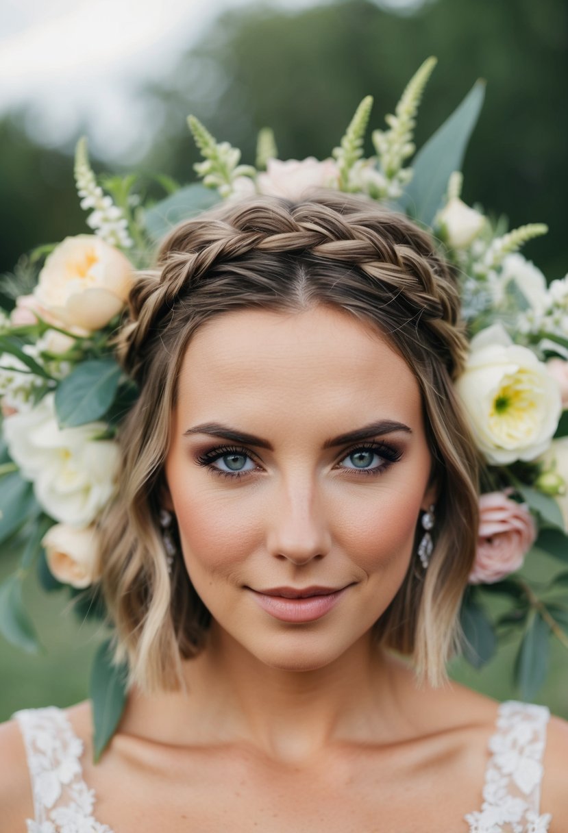 A woman with short hair wears a boho braid crown, surrounded by flowers and greenery, creating a whimsical and romantic wedding hairstyle