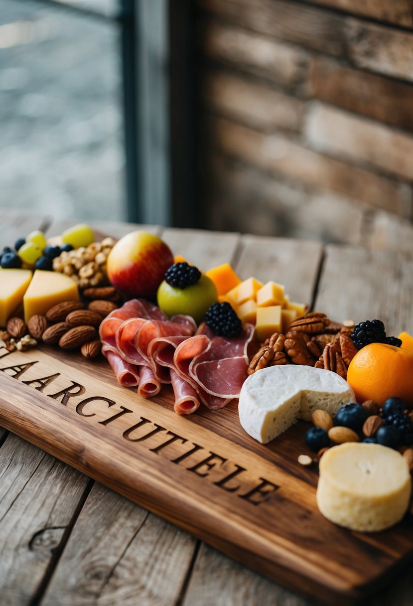 A wooden charcuterie board with engraved names, adorned with an assortment of meats, cheeses, fruits, and nuts, presented on a rustic table