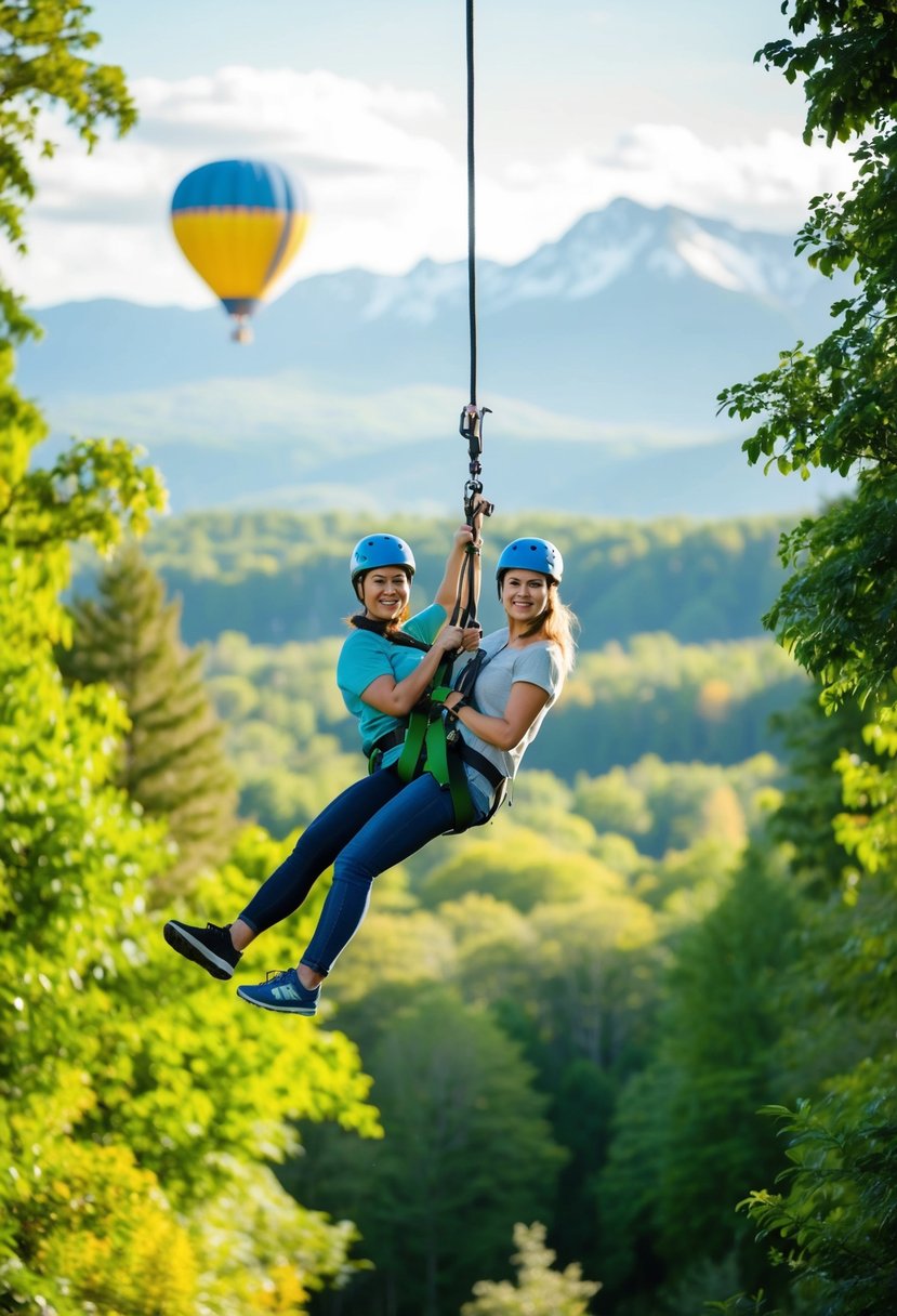 A couple ziplining through a lush forest, with a hot air balloon in the distance and a scenic mountain backdrop