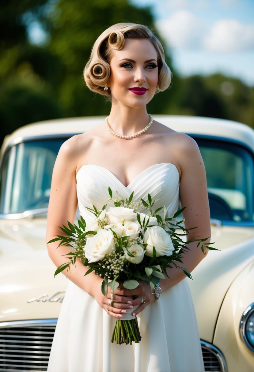 A bride with short hair styled in retro victory rolls, holding a bouquet, standing in front of a vintage car