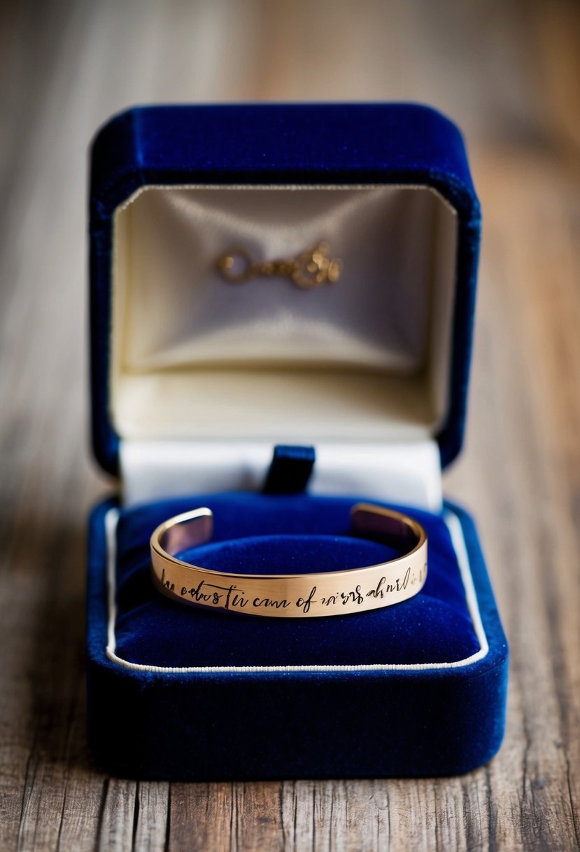 A delicate bracelet adorned with a custom handwritten message, nestled in a velvet-lined jewelry box