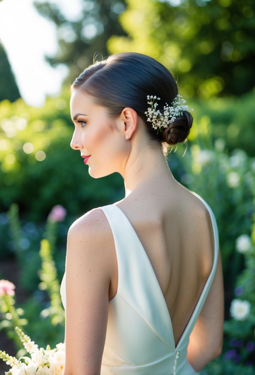 A bride with short, sleek hair wears a half-up twist adorned with delicate flowers, standing in a sunlit garden