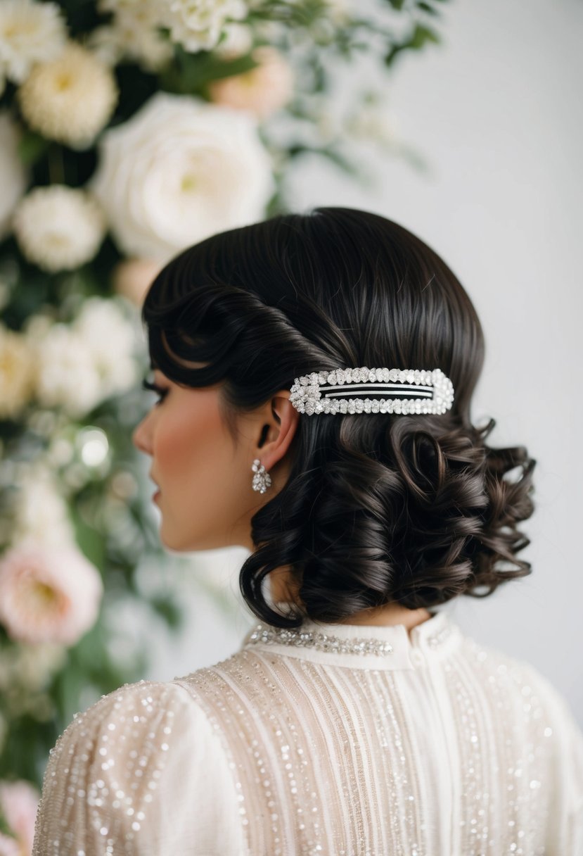 A curly bob with a sparkle barrette stands out against a backdrop of delicate wedding flowers and elegant decor